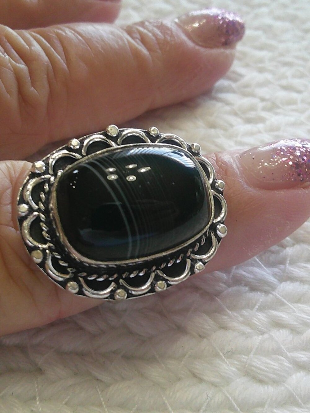 Beautiful BANDED BLACK ONYX Handmade Sterling 925 Ring Size 7 #188F